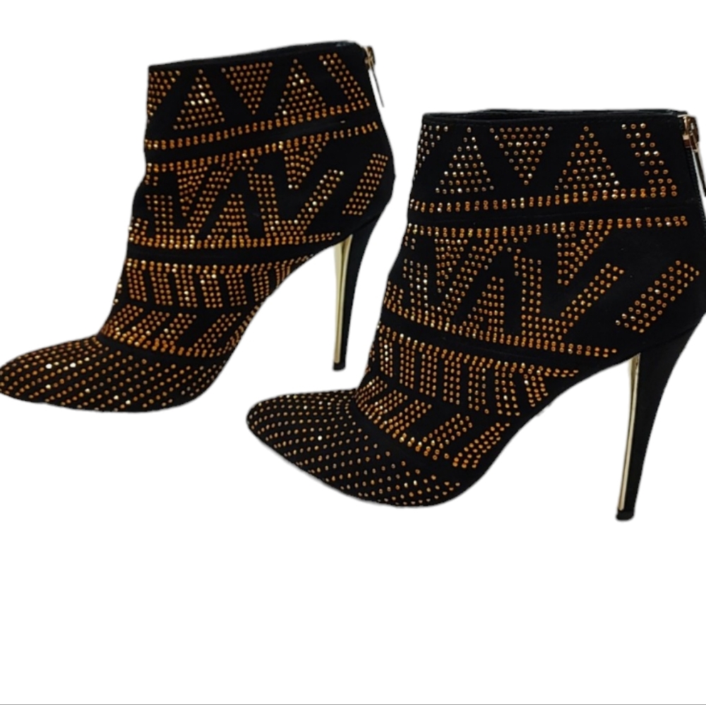 Thalia Sodi Alejandra Suede Pointed Toe Black and Gold Ankle Heeled Boots sz 7